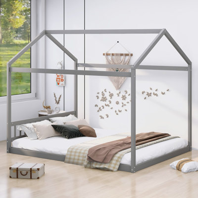 Queen Size Wooden House Bed With Headboard,Gray