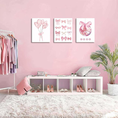 Preppy Pink Bow Canvas Wall Art, Trendy Bows Coquette Room Wall Decor Paintings, Pink Girly Disco Aesthetic Posters Prints Pictures For Girls Dorm Bedroom 12X16 Inch Framed