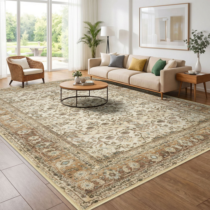 Tapis tribal à motif floral lavable à la machine avec envers antidérapant pour le salon de la chambre à coucher, Beige/brun