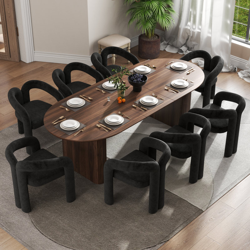 Modern Farmhouse Extendable 59.06" to 90.55" Table Dining Set for 4-8, Black, 9 Pieces: Table, 8 Chairs, Walnut