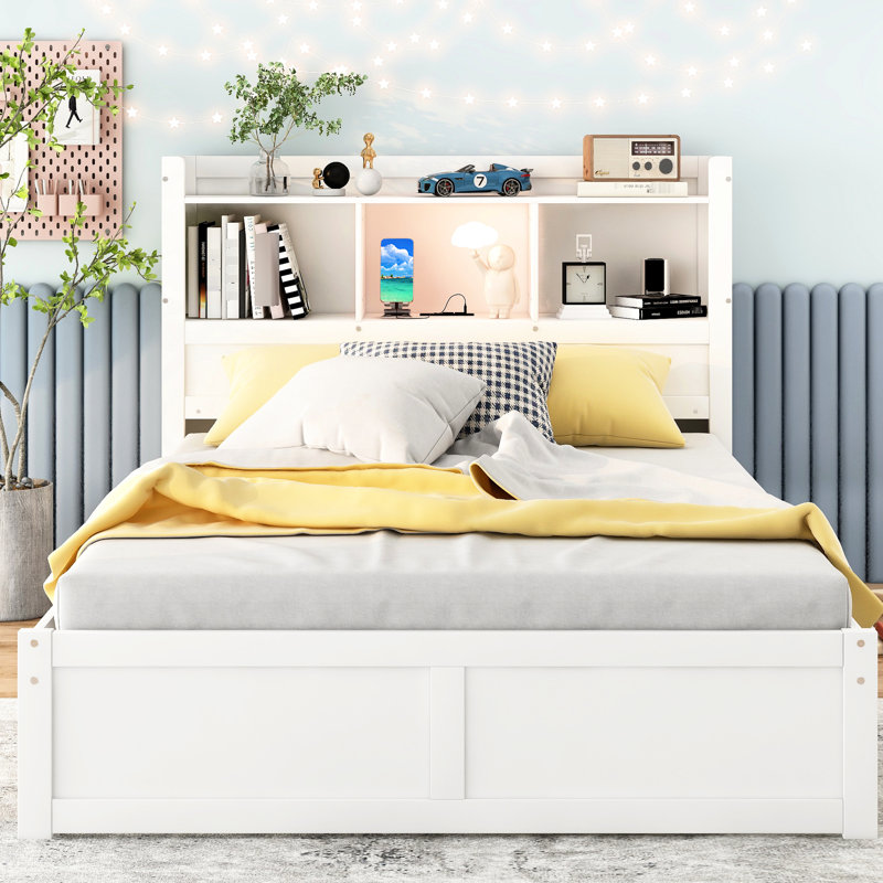 Lit double pleine grandeur avec lit gigogne simple, 2 tiroirs, tablettes coulissantes, fabrication en bois massif, sans sommier, tiroirs et cadre blancs pour la chambre à coucher