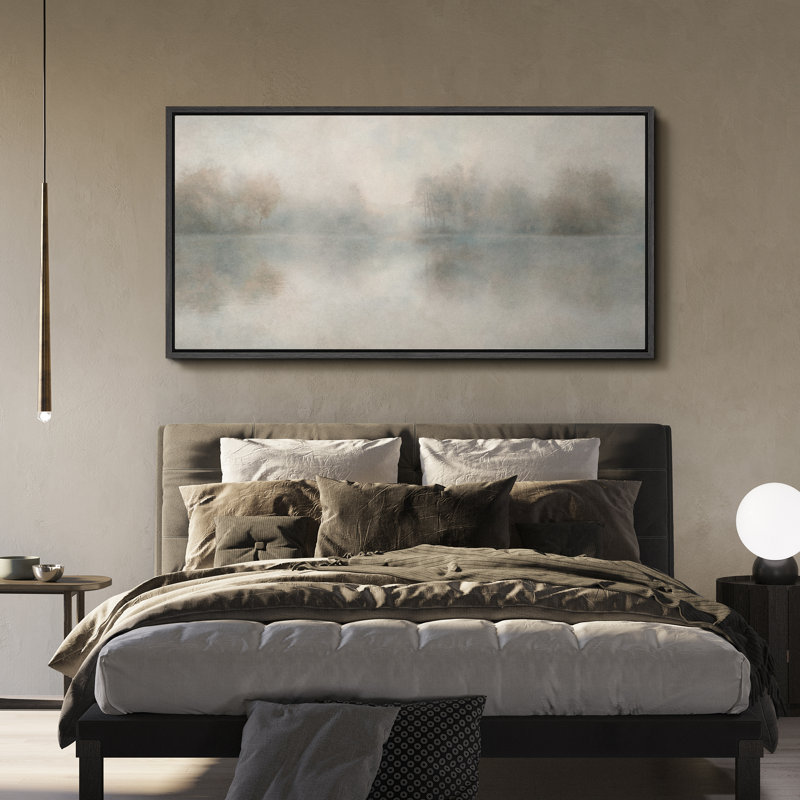 Misty Forest Reflection Large Framed Canvas Print Wall Art, Calm Neutral Decor, Black, 30" H x 60" W