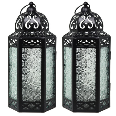 Lampe de bougie marocaine de style lanterne marocaine pour la table ou la pendaison, les décorations du Ramadan, les mariages, la décoration intérieure, le patio extérieur ou le porche (ensemble de 2)