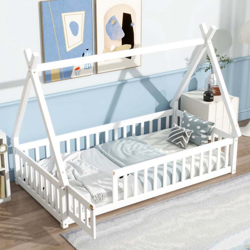 Lit simple en forme de tente, lit tipi avec garde-corps, lattes et porte, White