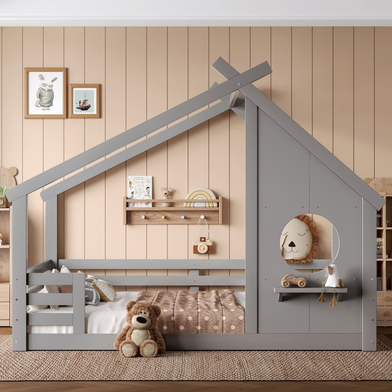 Lit double au sol avec fenêtre et petite tablette, lit en bois massif avec toit en forme de maison, sans sommier, gris, Grey
