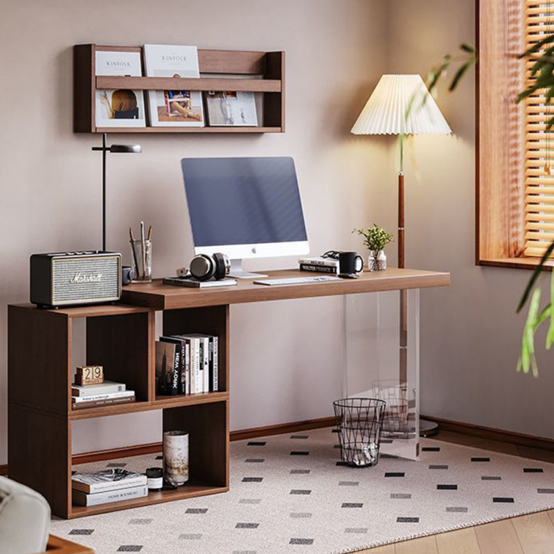 Nut-brown+Clear Rectangular Solid Wood+Acrylic desks, 29.53" H x 62.99" W x 23.62" D