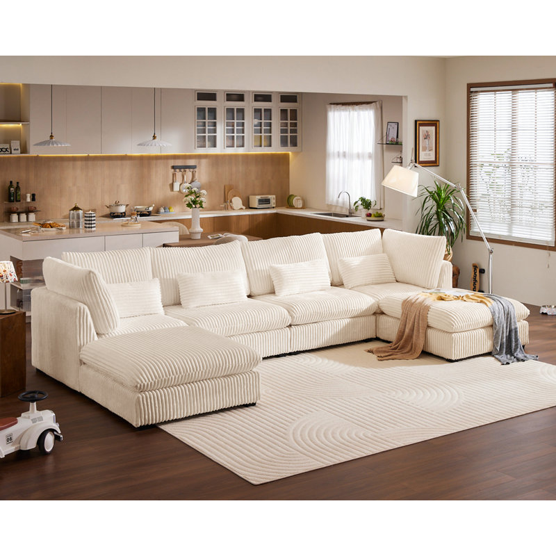 Cloud Oversized Modular Sofa, 160" Corduroy Wide Seat Sectional with Reversible Chaise, Shaped Couches Modern Comfy Fluffy Cushion Sleeper Sofa Bed with Convertible Ottoman for Living Room 6 Seater