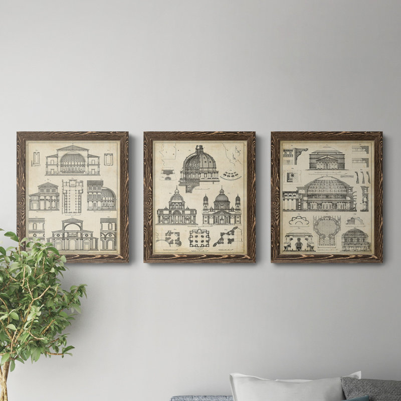 «Vintage Architects Plan I», ensemble de 3 impressions sur toile encadrées, H 24 po x l 36 po x P 1,5 po, Noyer