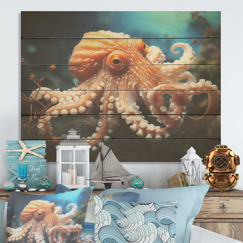 Pieuvre contemporaine sous-marine - Octopus / calmar, art sur bois de pin naturel, H 24 po x l 32 po