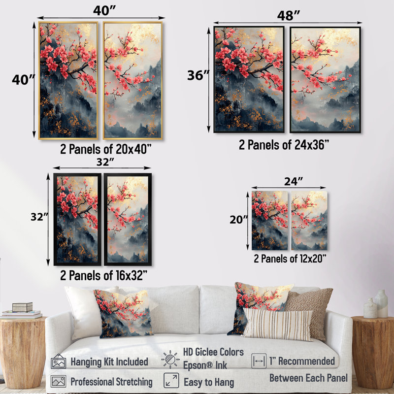 Arbre de fleurs de cerisier rose bleu en Chine, H 20 po x l 24 po, Cadre flottant, Doré