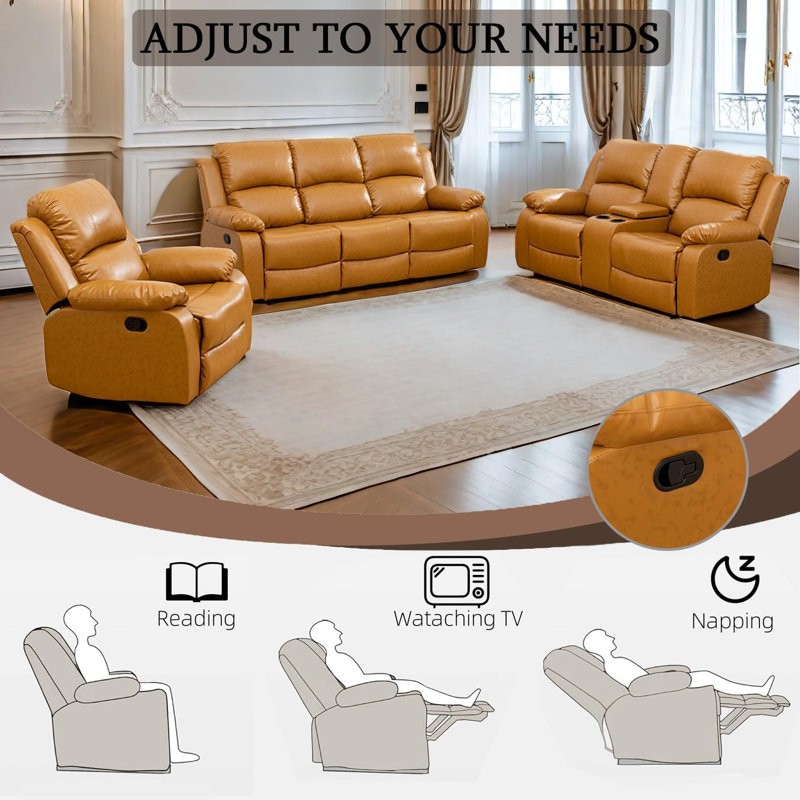 3-Piece Manual Reclining Living Room Sofa Set, Ginger