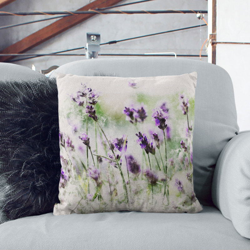 Lavender Vol.1 Watercolour Square Throw Cushion, 55cm H x 55cm W x 20cm D, Stone