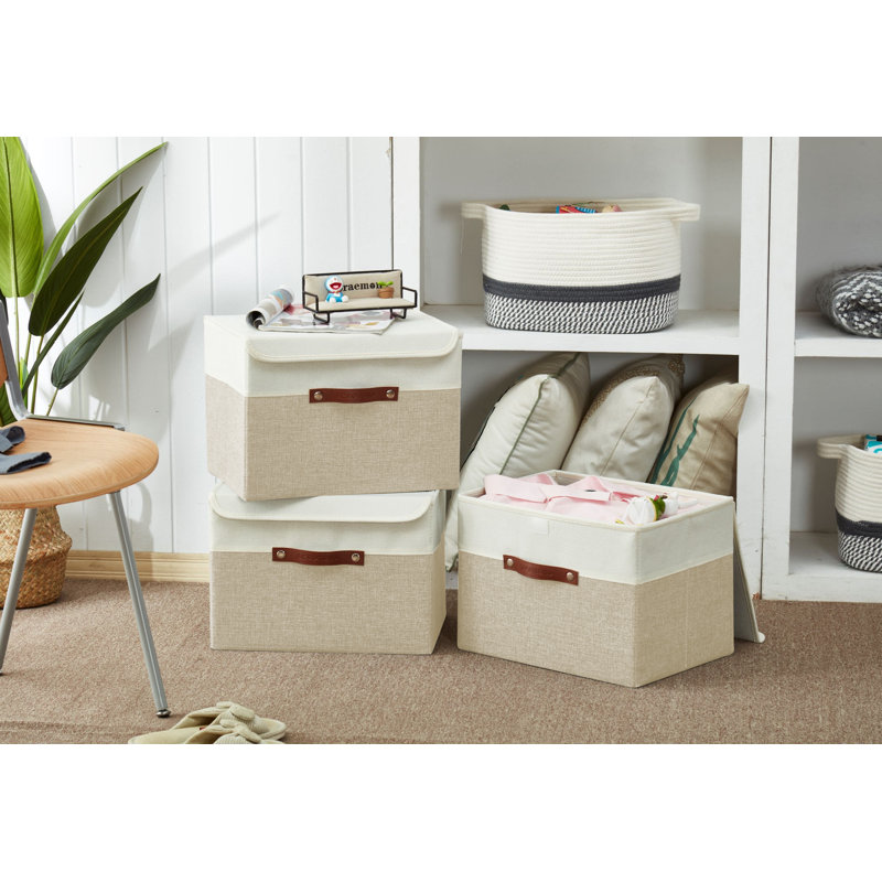 Foldable Lidded Storage Bin Collapsible Sturdy Cationic Fabric Storage Basket Cube Handles, Beige/White