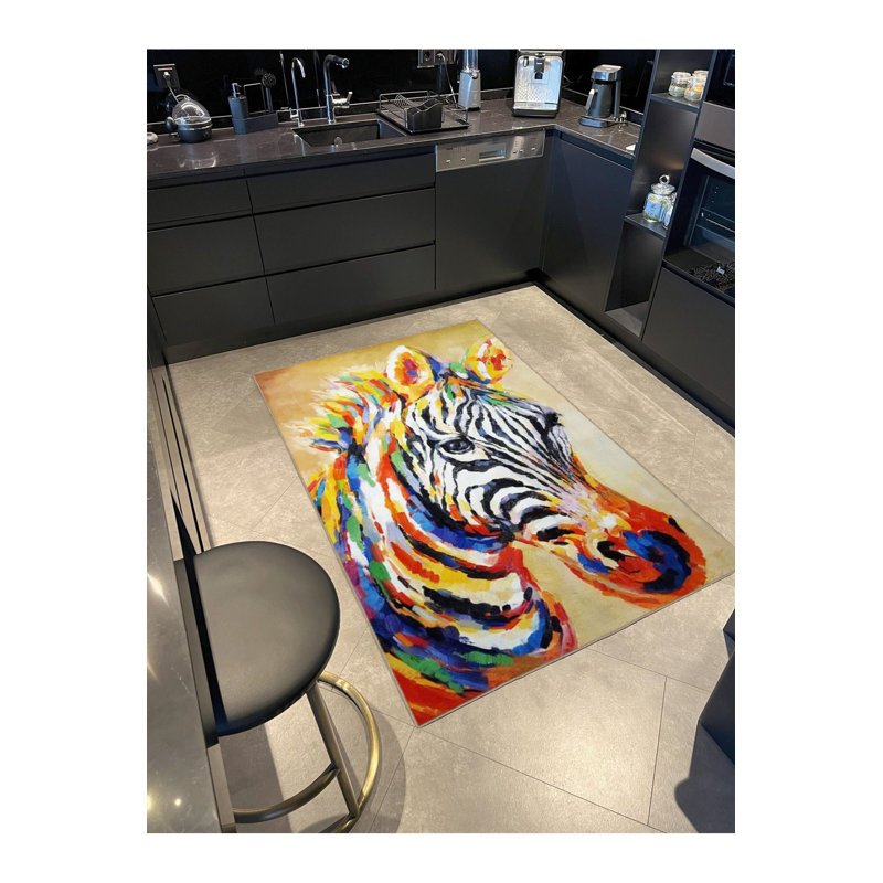 Tapis tissé multicolore à motif zèbre lavable à la machine, Sous-tapis rond 3 pi 3 po inclus