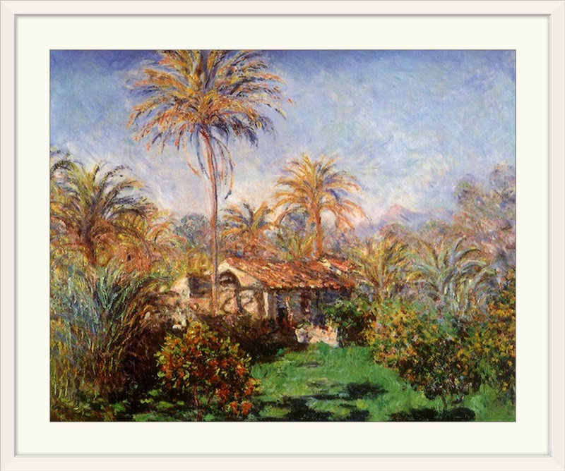 Maison parmi les palmiers par Claude Monet - reproduction, H 27 po x l 32 po x P 1 po, Cadre blanc