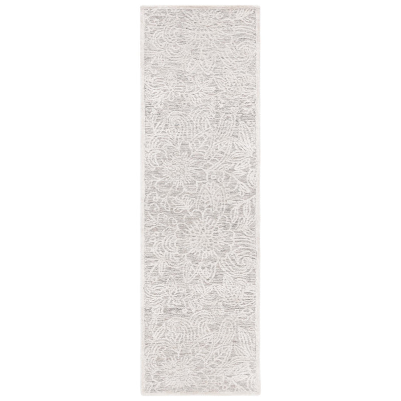Tapis floral ivoire / gris en coton / laine / coton touffeté à la main Bateh, Tapis de couloir 2 pi 3 po x 8 pi