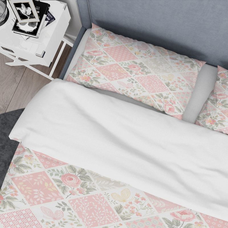 Patchwork de roses roses - ensemble de housse de couette abstrait - microfibre de polyester