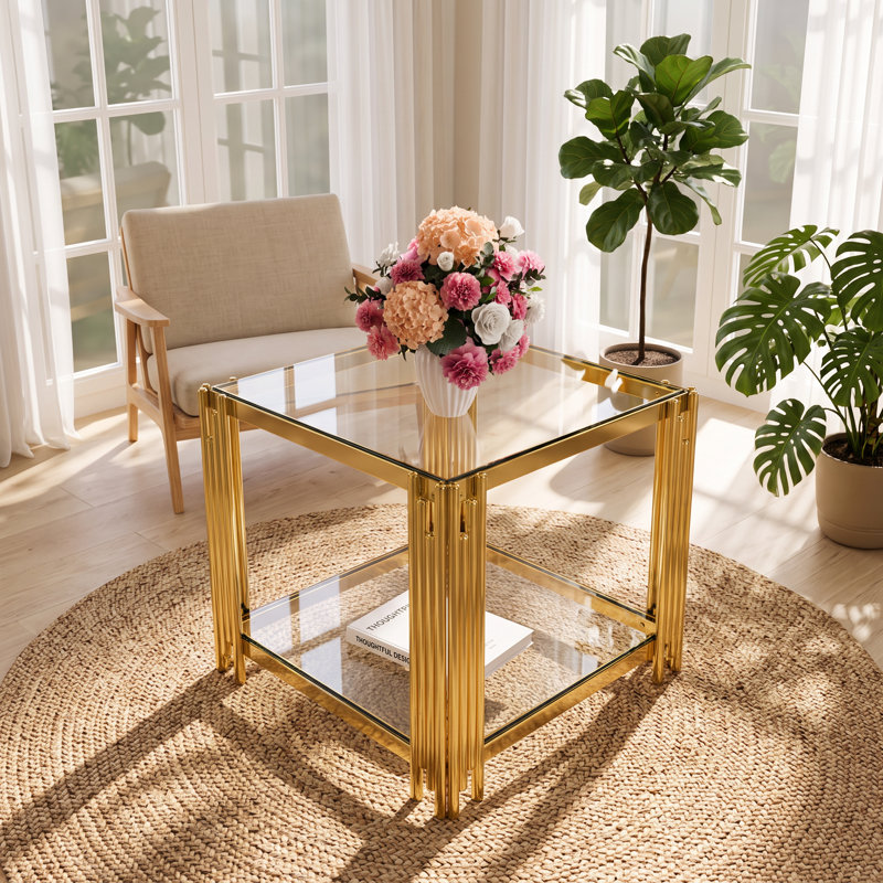 Table de bout moderne en verre trempé et métal doré l 19,9 po x P 19,9 po x H 21,9 po