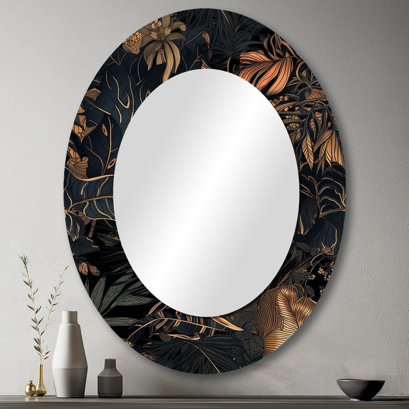 Or tropical feuille Serenade III - grand miroir mural ovale sur métal, 43 po x 33 po
