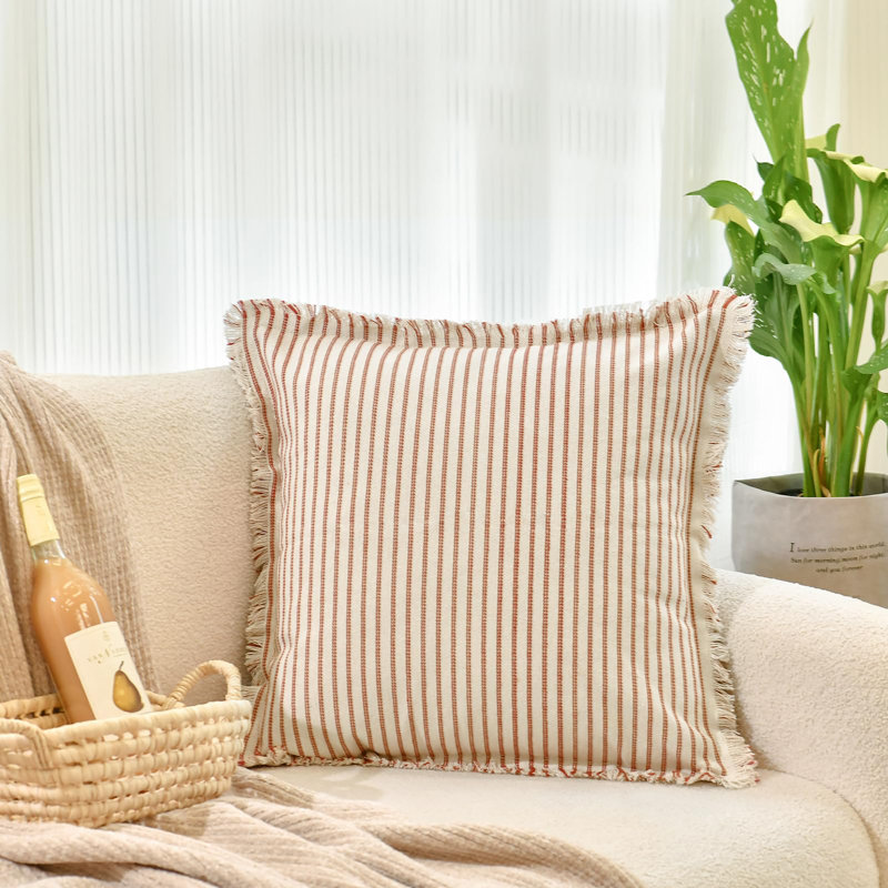 Ensemble de 2 housses de coussin décoratif à rayures avec franges, Orange brûlé