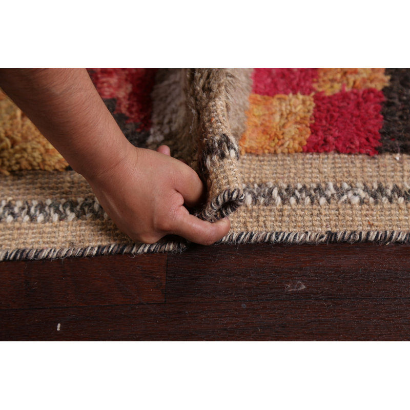 Tapis rose en laine noué à la main de conception unique 8 pi 11 po x 12 pi 11 po marocain