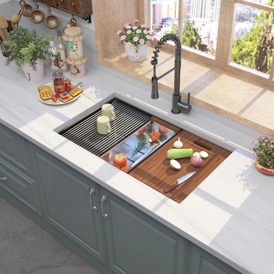 32 Inch Gunmetal Black Undermount Workstation Kitchen Sink, 16 Gauge Stainless Steel, 10 Deep, With Track For Space - Saving Use, Fast Drainage X 19 Steel Gauge, Deep Single Bowl, Design Cleanliness,