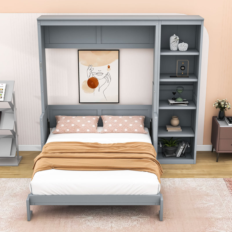Lit escamotable avec cadre en bois Murphy, gris, Double