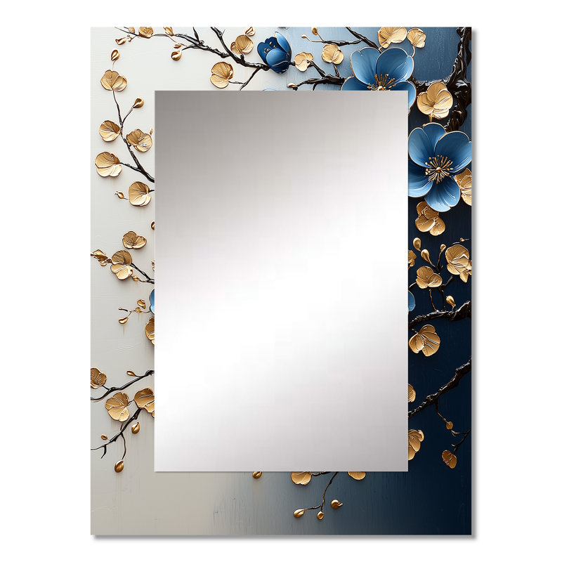 Or et bleu cerisier en fleurs, paysage II - miroir décoratif fleur de cerisier, miroir mural traditionnel, impression d'art en métal