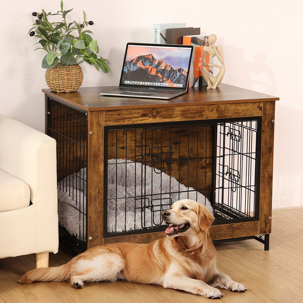 HOSTACK Double Dog Crate Furniture – 71" Wide Farmhouse Kennel With 3 Drawers, Divider For 2 Large Dogs, Ash Grey