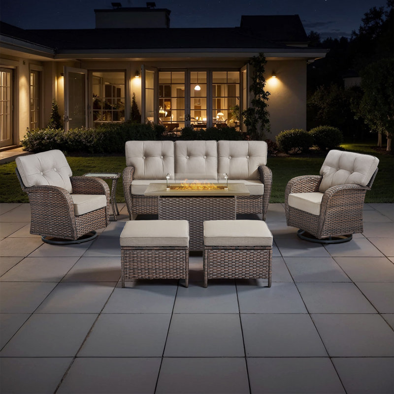 Agnes 5 Person All-Weather Rattan Outdoor Courtyard Conversation Set With Swivel Chairs And Fire Pit, Beige