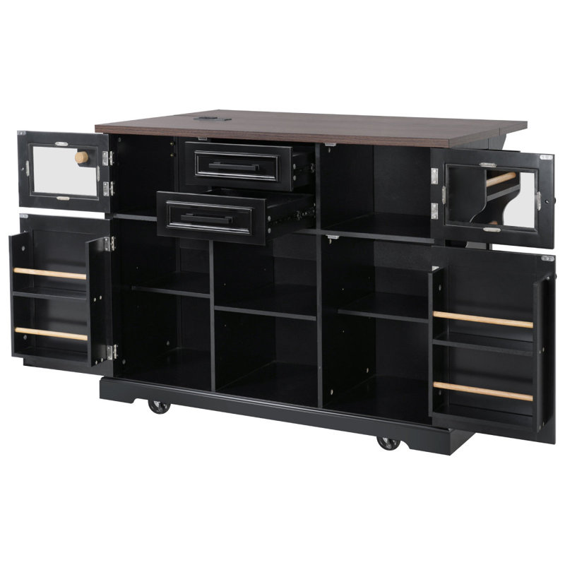 K&K 54.9" Kitchen Island With Drop Leaf, Power Outlet, Kitchen Storage Cart With 4 Door Shelves, Cross Barn Doors & Visual Glass Door, Rolling Kitchen Island On 4 Wheels For Kitchen, Dining Room,Black