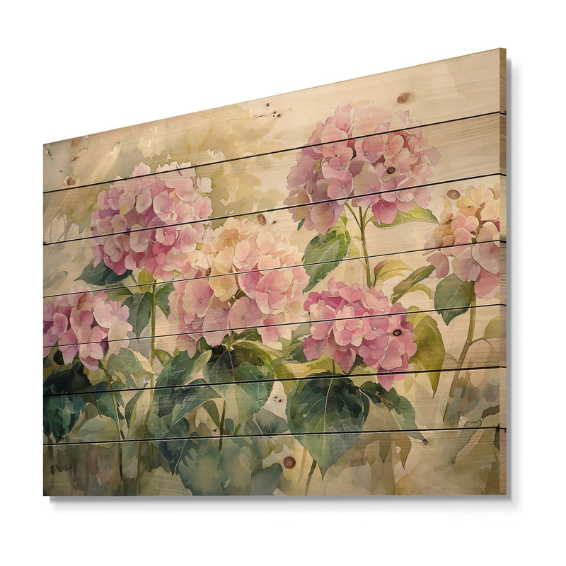 Hortensias dans un jardin d'été II - décoration murale en bois d'hortensias - sur bois de pin naturel, H 10 po x l 20 po