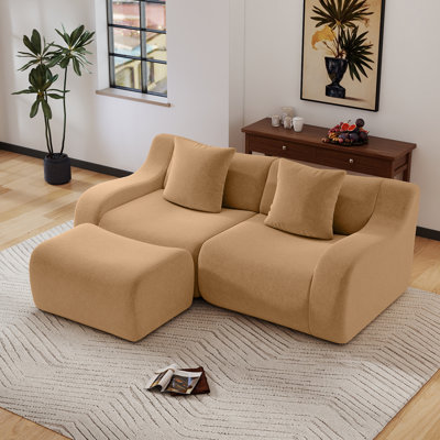 L-Shaped Soft Teddy Fabric Couch With Ottoman