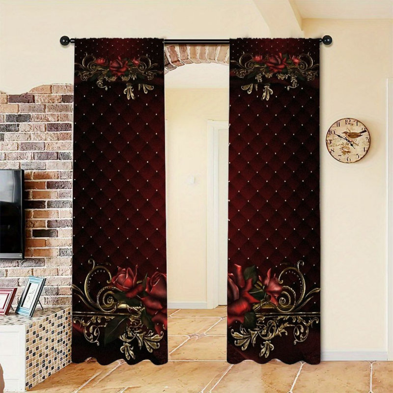 2Pcs Red Gold Rose Pattern Curtains, Luxurious Baroque Style, Rod Pocket Window Drapes, Elegant Floral Design, Living Room Bedroom Study Window Decor