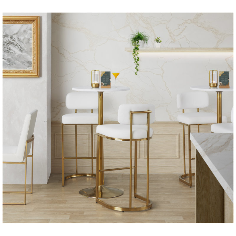 Tabouret de bar à hauteur fixe en métal doré et similicuir blanc - ensemble de 2