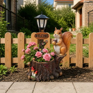 Whimsical Polyresin Squirrel Garden Planter, Animal Flower Pot with Decorative Lantern for Patio, Yard & Outdoor Decor