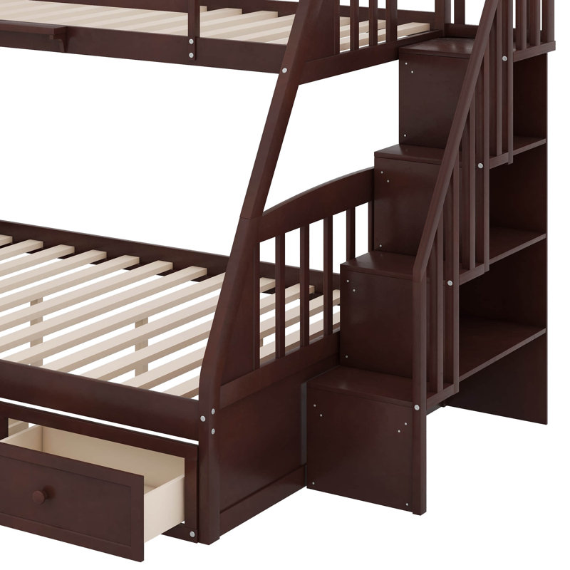 Lit simple superposé au dessus d'un lit double avec tiroirs et escalier de rangement, Espresso