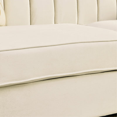 Canapé 3 places de luxe de 206 cm avec 2 coussins, velours beige, détails en acier inoxydable doré, design géométrique inspiré de l'éclair, pieds en métal, esthétique moderne pour le salon, style acier