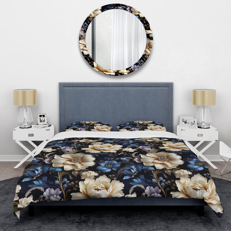 Victorian Blue and White Damask Grand - Ensemble de housse de couette damassé
