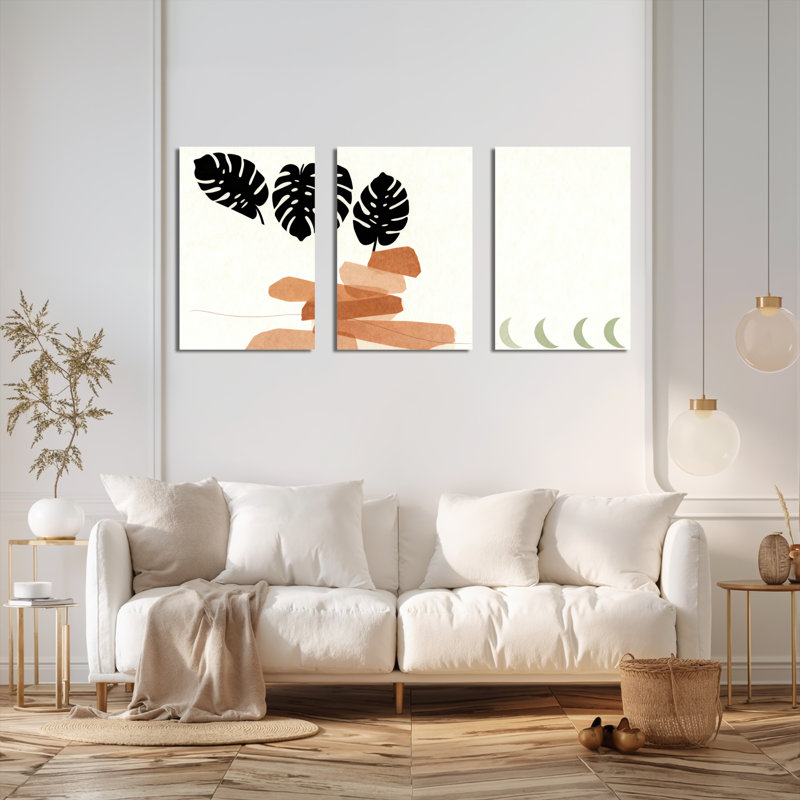 «Tropical Monstera Leaves and Abstract Wood Stack», art mural tendu sur toile, ensemble minimaliste moderne (ensemble de 3)