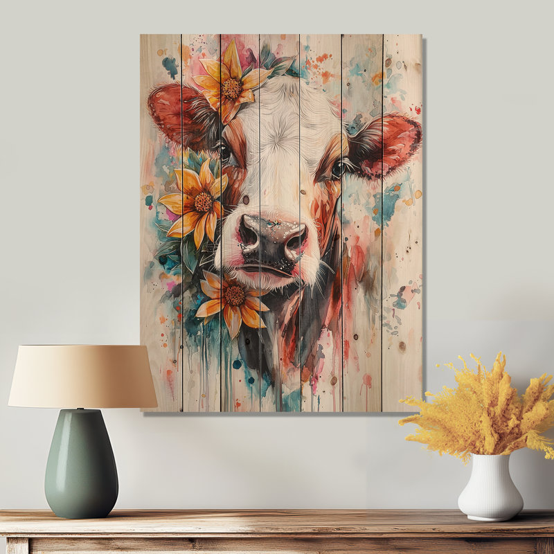 Peinture de vache avec des fleurs de ferme II - Art mural en bois de vache - sur bois de pin naturel