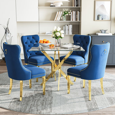 Modern Square Glass Dining Table Set For 4, 36" Tempered Glass Top With Velvet Tufted Nailhead Trim Chairs