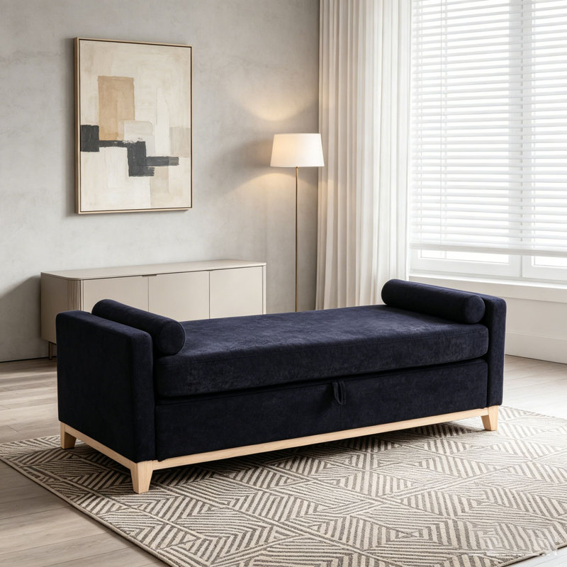 Banc rembourré en bois massif, 66 po + rangement, Noir + neutre 11