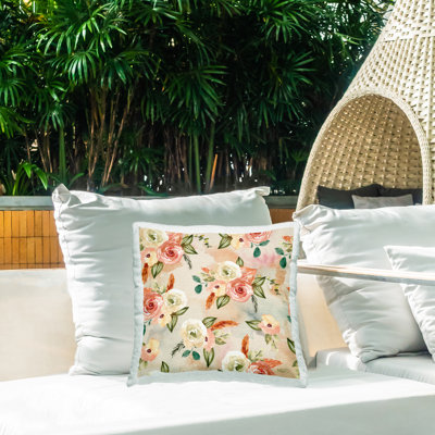 Coussin d'extérieur imprimé à motif de pivoines roses par ND Art