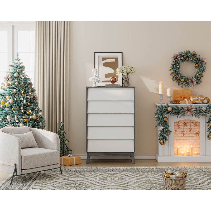 Commode 5 tiroirs Chantice, noyer blanc / noir, Blanc / noyer noir
