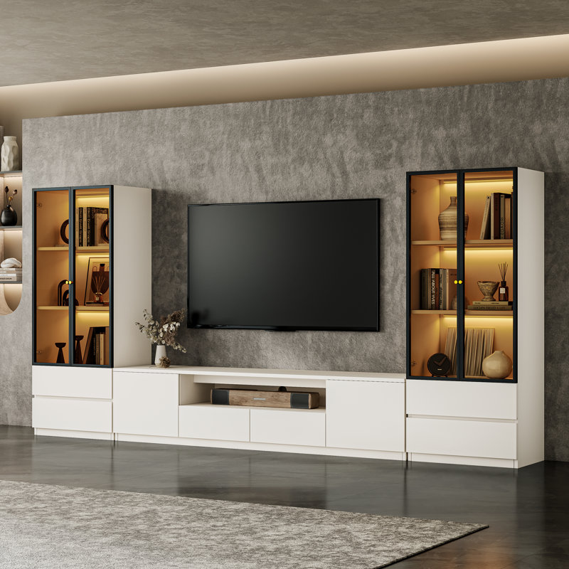 Crafton Modern 125.9'' White Entertainment Center With Bookshelf For 55/65/70/75 inch TV, Wooden Media Console With Storage TV Stand And Lights Glass Door bookshelves For Living Room Bedroom