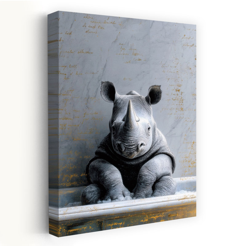Rhinoceros In Bathtube 1, art mural contemporain, H 60 po x l 40 po
