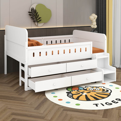 Full Size Wood Bed Frame With LED Headboard Lights, 4 Storage Drawers & Ladder, Space-Saving Design For Bedroom