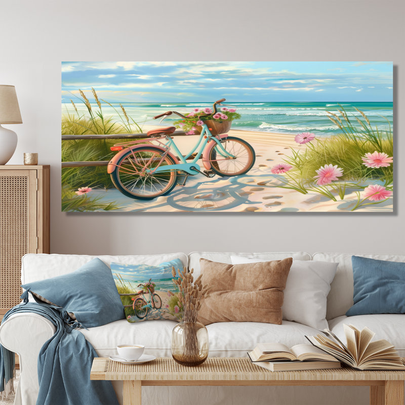 Vélo bleu sur le sentier côtier floral II - décoration murale bord de mer, Cadre photo noir, H 34 po x l 44 po
