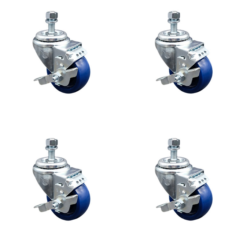 3.5 Inch SS Solid Polyurethane Swivel 10mm Threaded Stem Caster Set Brake